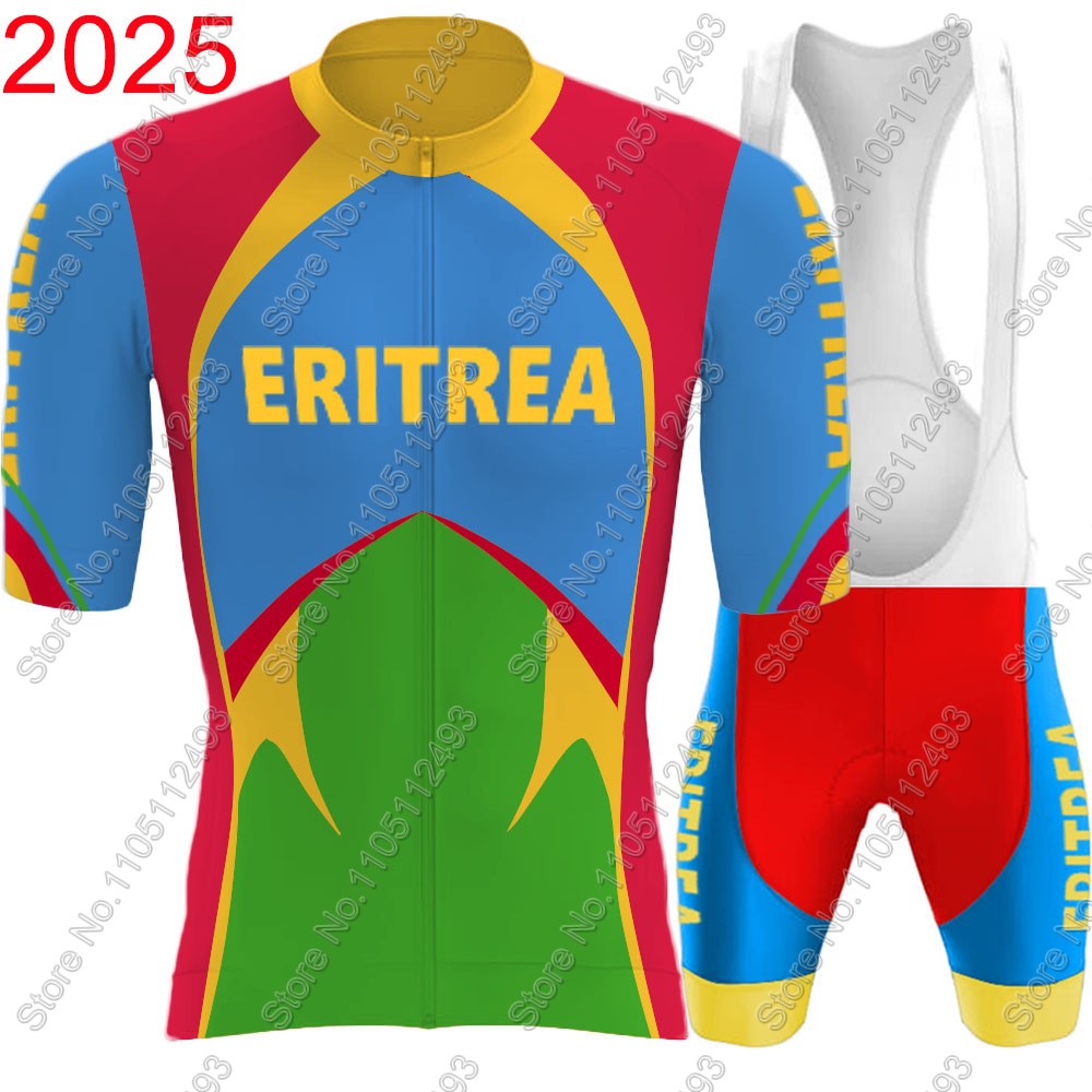 Cycling Bib Shorts - ชุดเสื้อเจอร์ซีย์ปั่นจักรยานทีมชาติเอริเทรีย ปี 2025 แขนสั้น สีแดงน้ำเงิน ชุดเสื้อผ้าสำหรับปั่นจักรยานเสือหมอบ